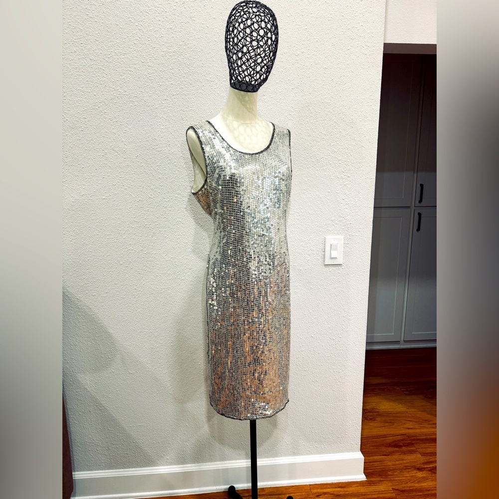 Women's Metallic Silver Palette Sequins Midi Dress Size L/XL